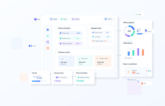 Minimal student dashboard interface with class schedule, assignments, GPA progress and campus widgets in a soft pastel web app layout design