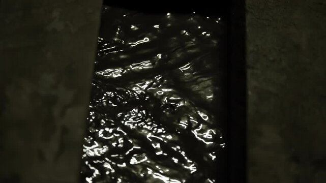 Glistening ripples of dark water coursing through a narrow channel between rugged slabs, capturing shimmering reflections and subtle motion in a moody, low-light industrial scene