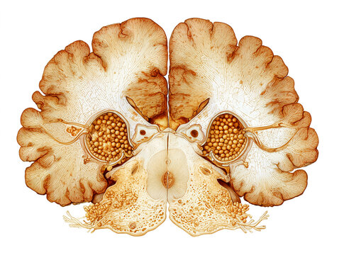 Human brain coronal cross section anatomy illustration showing hypothalamus bilateral cerebral hemispheres lateral ventricles and subcortical structures in warm amber gold tones on white background