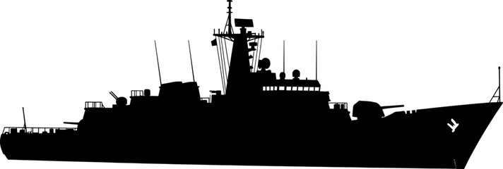 Obraz premium Modern frigate shadow displaying advanced radar systems and forward mounted cannon