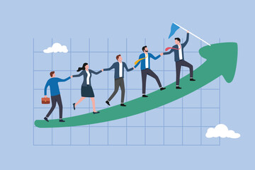 Fototapeta premium Businessman leader holding hand with employee walking up arrow graph, career development concept, teamwork cooperate together to achieve target, leadership to build team walking up rising growth arrow