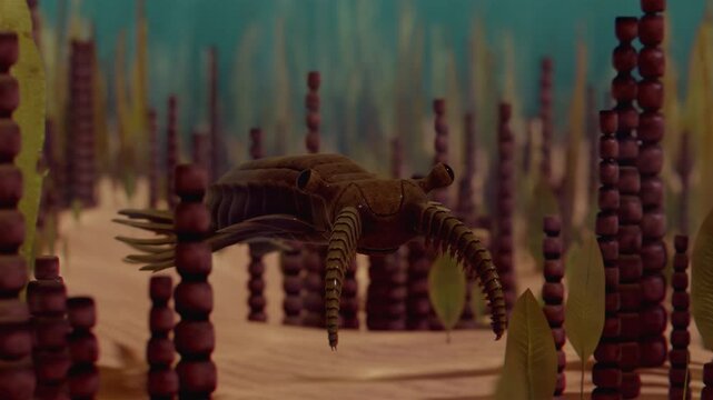 A high-quality, realistic underwater rendering from a 3D animation showing Anomalocaris, the apex predator of the Cambrian explosion, swimming through deep blue murky waters.