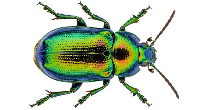 Stunning close up view of a vibrant iridescent jewel beetle displaying beautiful metallic green and purple colors on a clean white background