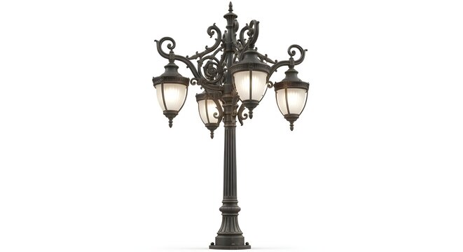 Ornate vintage five-light street lamp with glowing glass lanterns on a white background