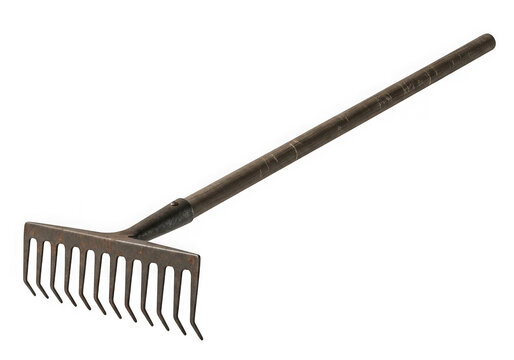 A garden rake with a wooden handle isolated on transparent background