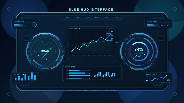 Futuristic blue HUD interface dashboard with radar scanner, circular gauges, data charts and glowing digital panels on dark background