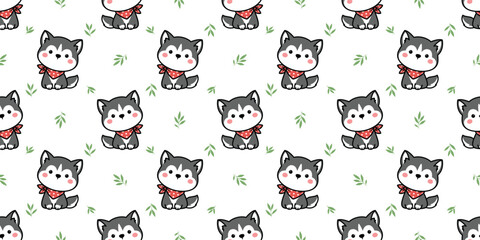Seamless pattern of cute kawaii siberian husky with a scarf sitting cartoon, vector illustration © Totostarkk9456
