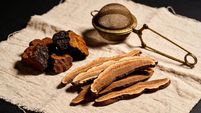 Dried Reishi and Chaga medicinal mushrooms with a vintage tea strainer for brewing healthy herbal tea.