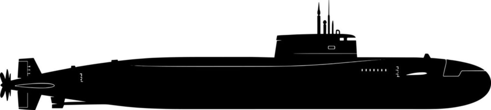 Stealth submarine figure with periscope sail and rear propeller in profile view