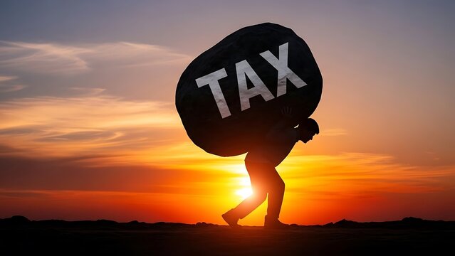 A person struggles to carry a large tax burden at sunset with a heavy rock