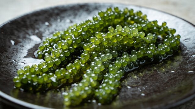 Fresh green sea grapes seaweed known as umibudo on a dark plate.