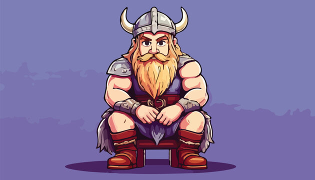 Cartoon Viking Warrior Squatting with Horned Helmet and Beard.