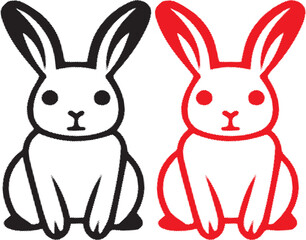 Obraz premium Cute pair of bunny line art illustration in minimal style. Two rabbits sitting facing each other, clean outline drawing perfect for kids design, logo, sticker, coloring page, and print use
