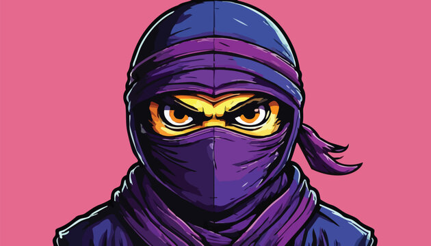Intense Ninja Portrait with Piercing Gaze and Purple Mask.