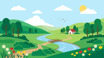 Obraz premium A serene landscape with a winding river through rolling hills and a small house under a sunny sky with trees and vibrant flowers.
