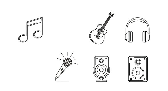 Music equipment icons collection featuring guitar microphone headphones speakers.
