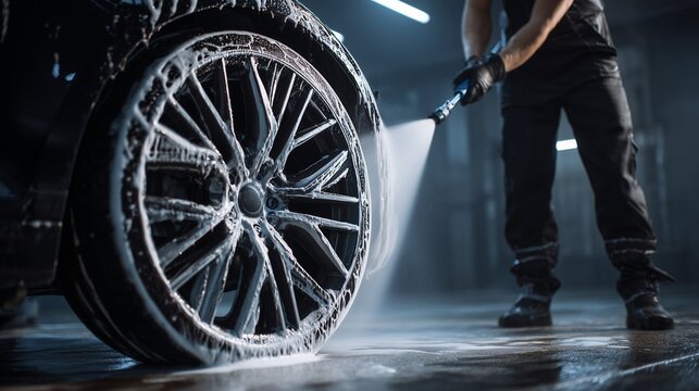 Restore that showroom shine: a professional detailer uses a high-pressure jet to blast foam from a luxury multi-spoke wheel, perfect for automotive service marketing and car care branding.