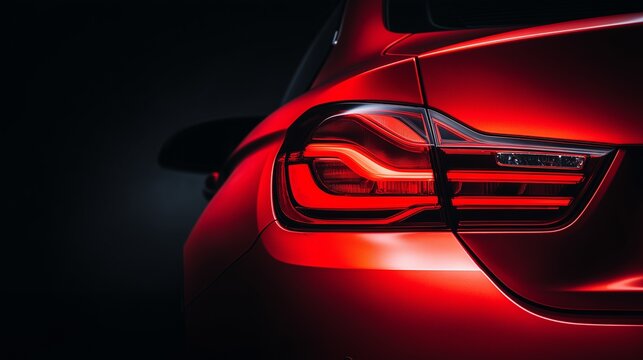 Capture the essence of power and precision: a close-up of a luxury red sports car's LED taillight glowing against a dark, moody background, perfect for automotive brochures and high-end design.