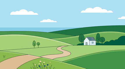 Fototapeta premium A serene landscape of rolling green hills with a winding dirt road leading to a white house under a blue sky with fluffy clouds.