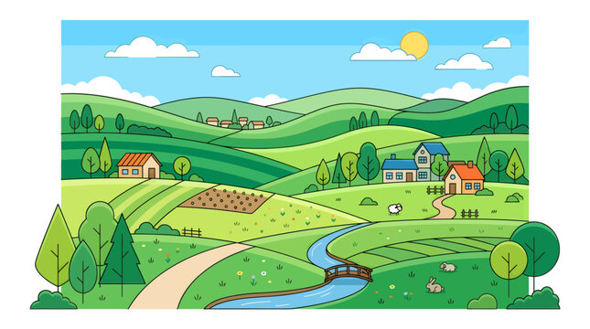 A serene countryside landscape with rolling hills, a winding river, and houses under a sunny sky with fluffy clouds.