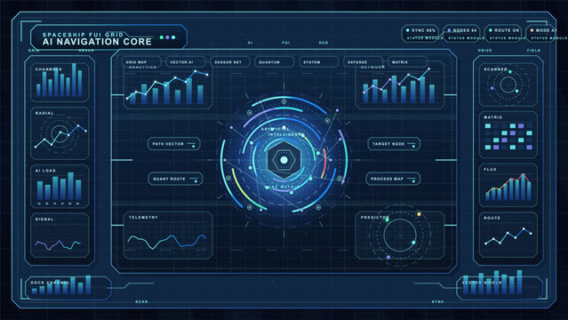 Futuristic spaceship navigation dashboard with circular AI core interface, radar charts, telemetry panels, and blue sci fi HUD layout