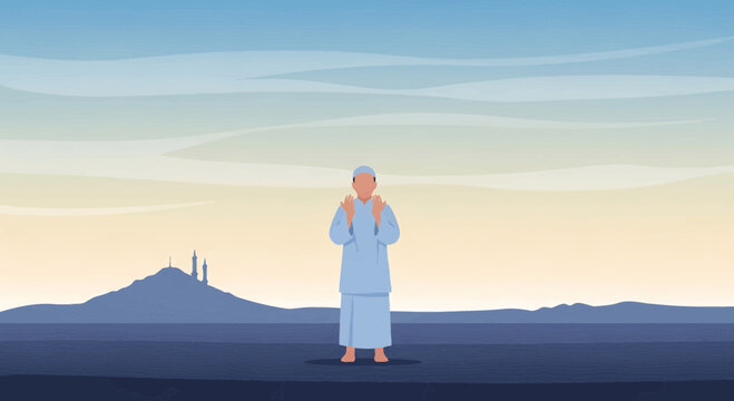 Muslim Pilgrim Wearing Ihram Praying at Mount Arafat During Hajj Pillar Icons Vector Illustration