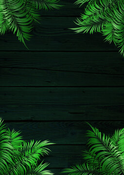 Tropical Palm Leaves Frame on dark green wooden Background