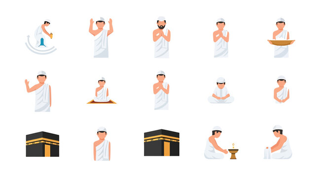 Muslim pilgrims performing hajj pillar icons and religious rituals wearing ihram clothing vector set