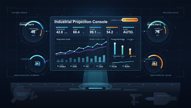 Futuristic industrial control panel interface with holographic dials, diagnostics graph, pressure metrics, power distribution, and alerts.