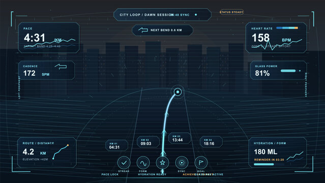 Futuristic running heads-up display interface with pace, heart rate, cadence, hydration, route distance and navigation in neon city view