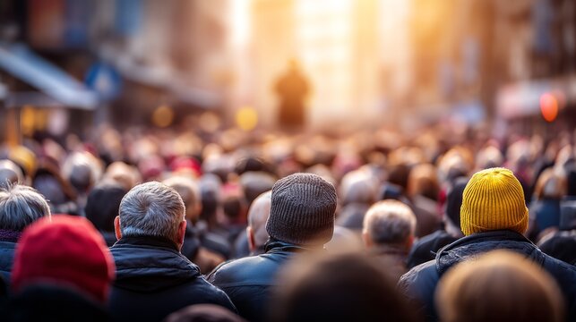 Crowded City Street During Auction Event with Central Auctioneer Platform
