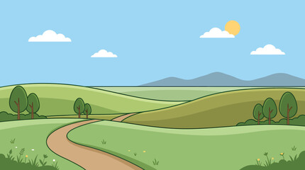 Fototapeta premium A serene landscape with a winding road through rolling hills and trees under a sunny sky with clouds.