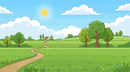 Fototapeta premium A sunny day with a winding road through a green landscape with trees and a house in the distance under a blue sky.