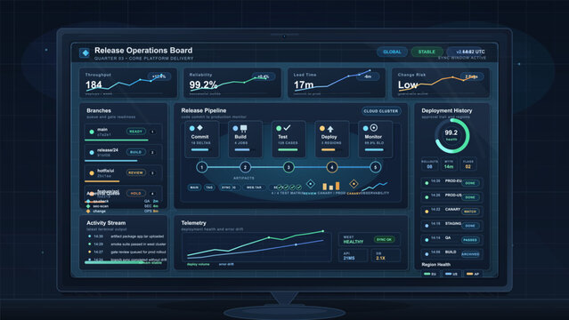Release operations dashboard on desktop monitor with deployment pipeline, telemetry charts, branch status and live rollout history panels.