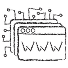 Obraz premium Vector icon of browser windows with circuit lines. Dark brown charcoal sketch on transparent background. It represents smart web technology, AI automation and data scraping