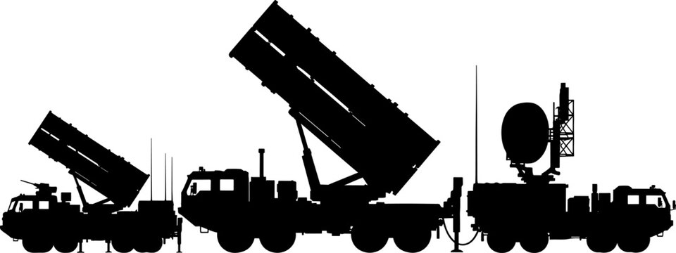 Military convoy silhouette with mobile radar and missiles