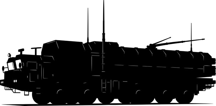 Military missile launcher vehicle silhouette on mobile platform