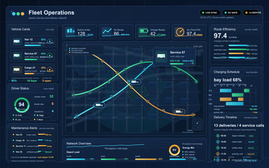 Naklejka na ściany i meble Futuristic fleet operations dashboard interface with electric vehicle routes, charging schedule, delivery timeline, and maintenance alerts.