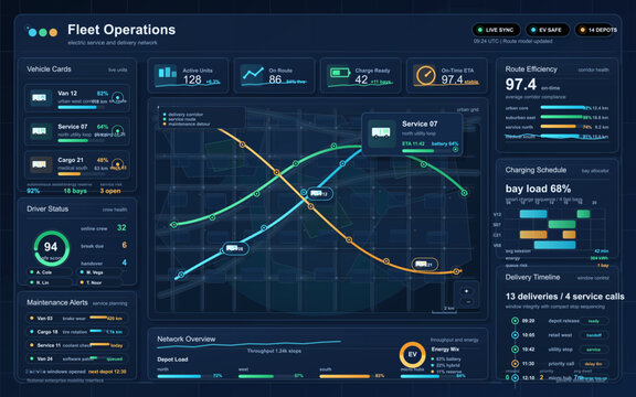 Futuristic fleet operations dashboard interface with electric vehicle routes, charging schedule, delivery timeline, and maintenance alerts.
