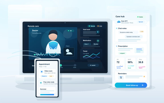 Remote healthcare dashboard interface with telemedicine consultation, patient vitals, prescription panel, reminders, and mobile appointment app.