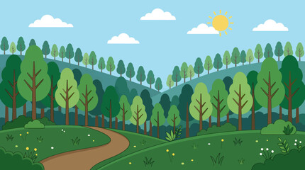 Fototapeta premium A serene landscape of rolling hills with a winding path through trees under a sunny sky.