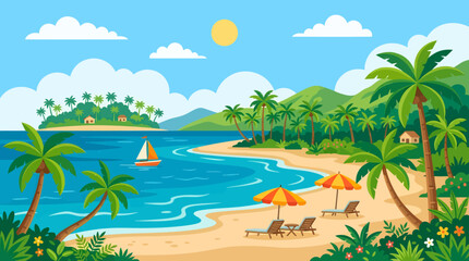 Obraz premium A serene tropical beach scene with palm trees, sailboat, and sun shining brightly in the daytime.