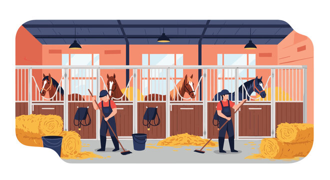 Two farm workers in uniforms cleaning a horse stable with brooms while horses look out from their stalls near hay bales in an indoor barn.