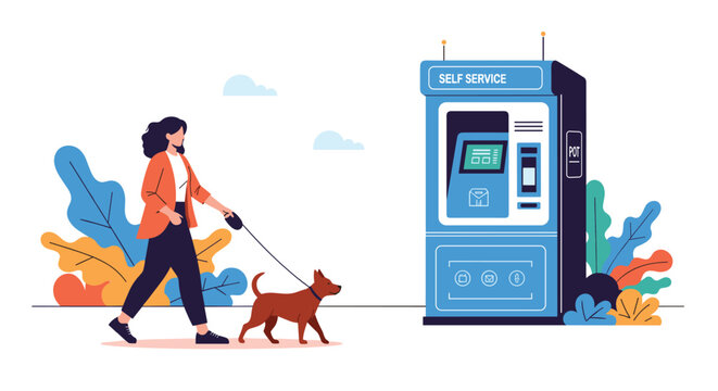 Woman walking her dog on a leash passing by a modern blue self-service parcel locker or interactive kiosk station.
