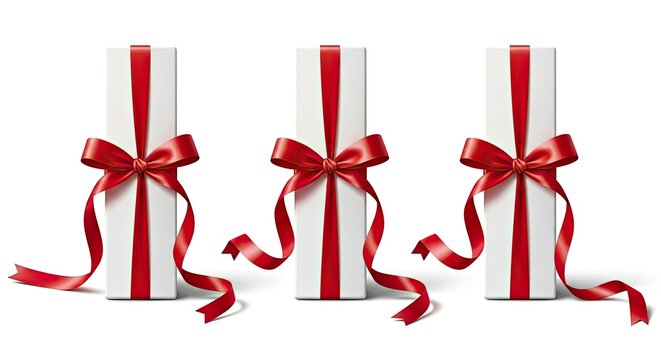 Three gift rolls with red ribbons and bows on a white surface