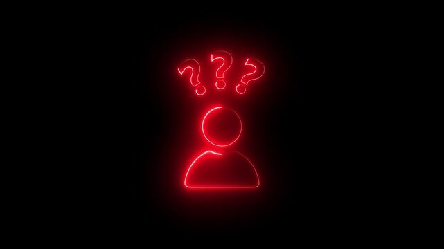 Glowing blue neon animation of a person icon with a question mark speech bubble on a dark background, inquiry, help, support, FAQ, or questions 4k animated