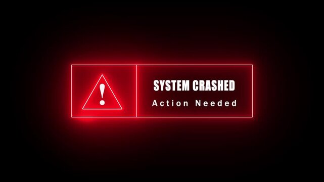 glowing neon Exclamation mark System Crushed error style neon frame on black background. Action Needed. immediate action required neon text