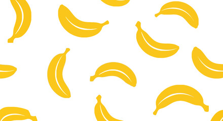 Seamless pattern of vibrant yellow hand drawn bananas scattered in various orientations © Mahraz