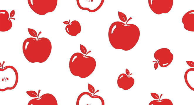 Seamless pattern featuring various red apple illustrations and outlines in a playful style