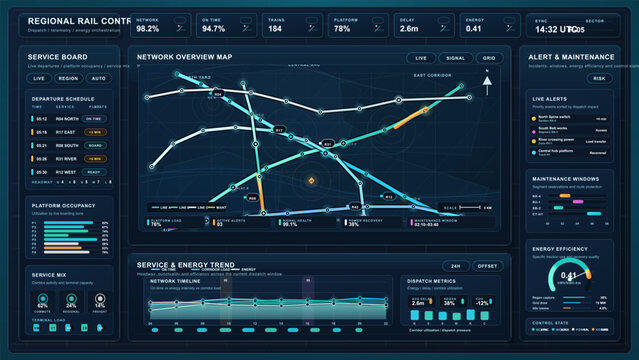 Futuristic rail control center dashboard with network map, departure schedule, live alerts, platform metrics, and energy analytics interface